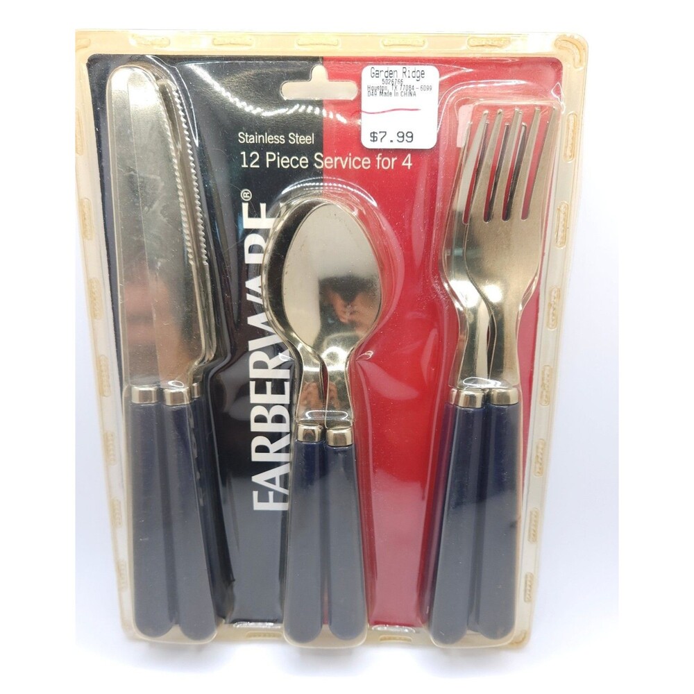 NIP Farberware 12 Pc Flatware Set Navy Blue Handles Stainless Service for 4 VTG